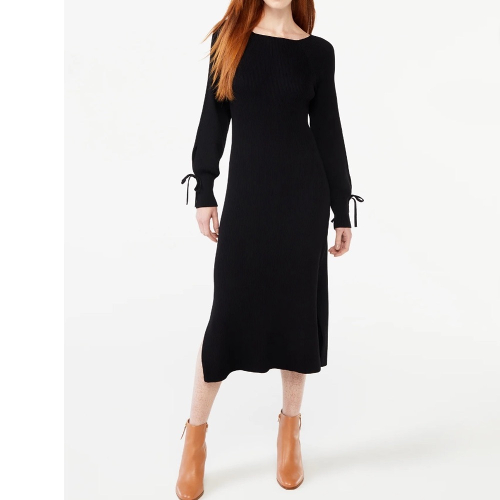 New Free Assembly Women's Tie Back Sweater Midi Dress Blouson Sleeves Black S